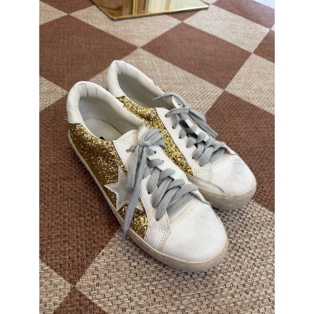 Sarabasic Collection Women Gold Glitter Star Low Top Sneakers White Size 40